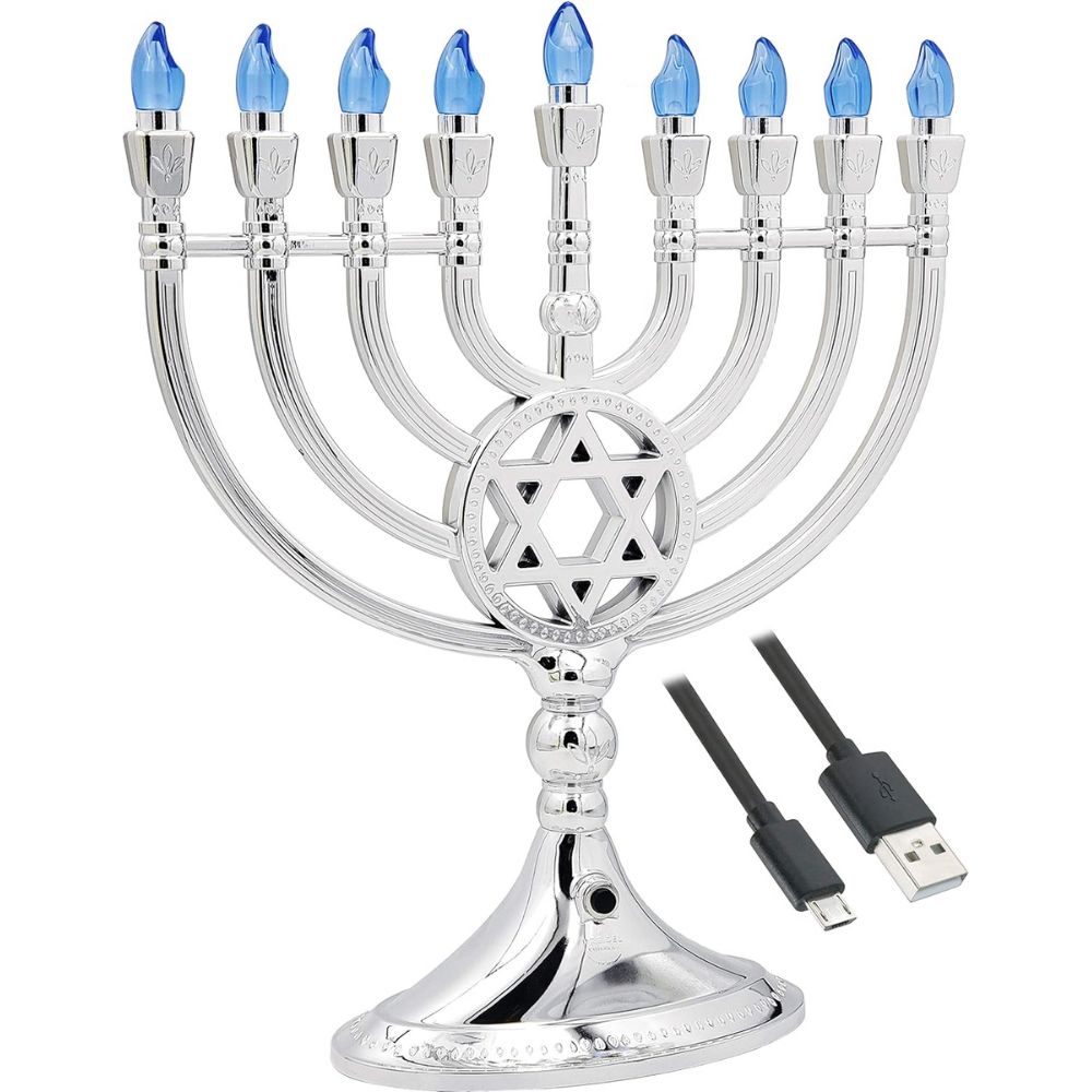 Menorá de Hanukkah eléctrica LED tradicional plateada de Dreidel Company, alimentada por USB o batería